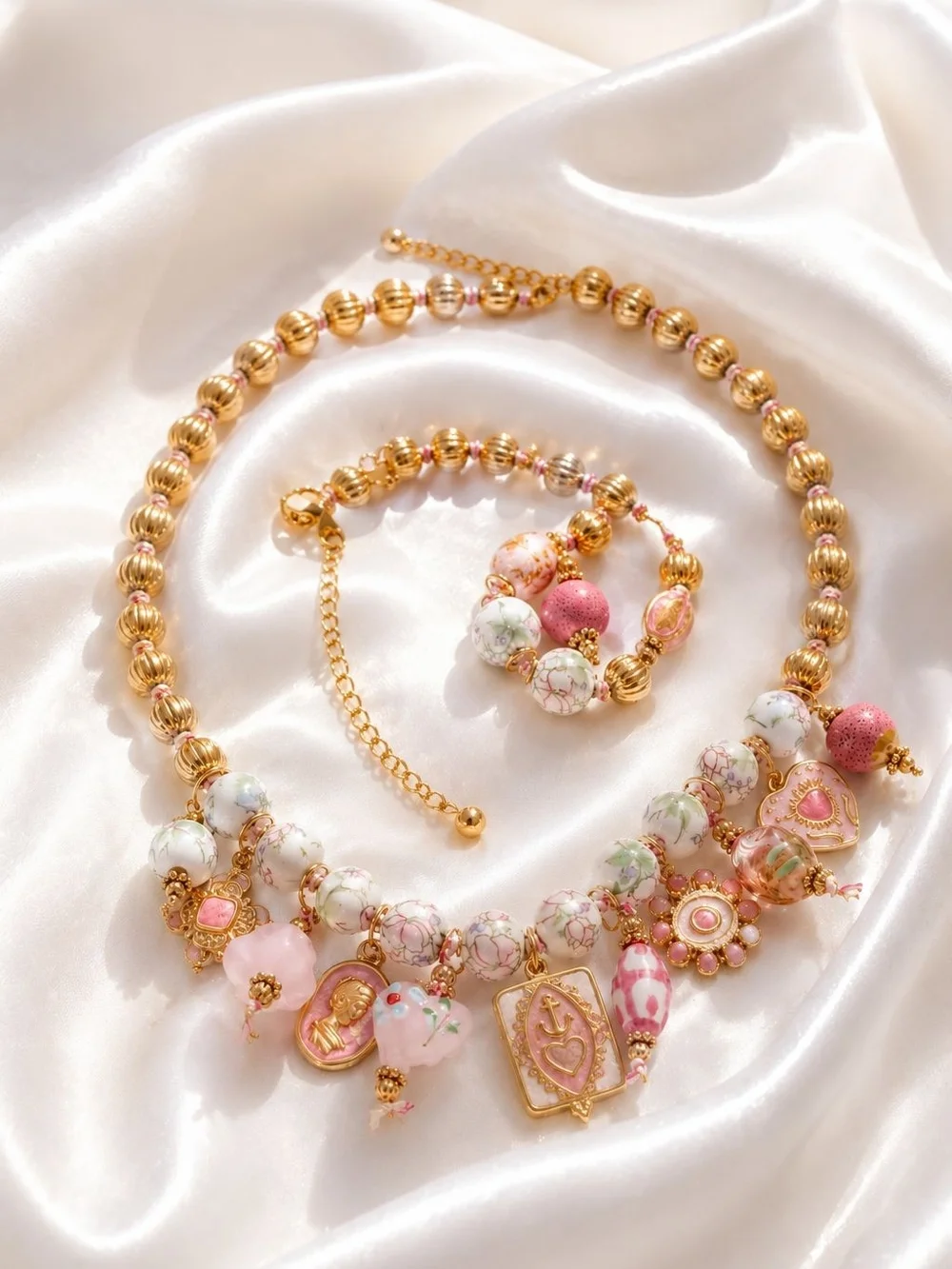 Pink and Gold Beaded Charm Necklace with Matching Bracelet - Picture 2 of 5